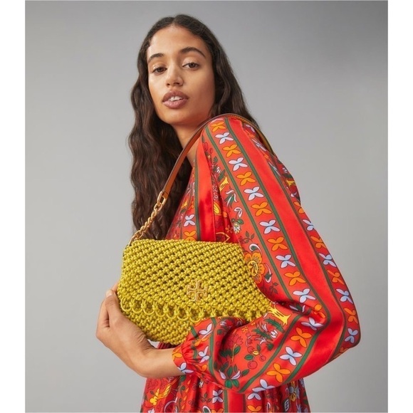 Tory Burch Bag Kira Chevron Macrame Woven Small Shoulder Leather Pear GUC - Picture 16 of 16